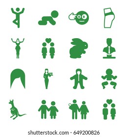 Young icons set. set of 16 young filled icons such as rabbit, kangaroo, baby, woman hairstyle, girl, bust, head bang emot, women couple, couple, dancing woman