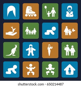 Young icons set. set of 16 young filled icons such as kangaroo, baby, baby crawl, woman hairstyle, casino boy, casino girl, man in home, skate rollers, plant on hand, family