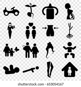 Young icons set. set of 16 young filled icons such as baby, baby bottle, bike, woman hairstyle, slim, casino girl, tights, man in home, sprout, push up, women couple