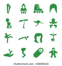 Young icons set. set of 16 young filled icons such as plant, kangaroo, baby, woman hairstyle, hairstyle, casino girl, tights, sprout, pregnant woman, skate rollers