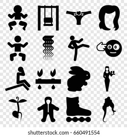 Young icons set. set of 16 young filled icons such as rabbit, baby, curly hair, woman hairstyle, hairstyle, casino girl, head bang emot, sprout, panties with heart, plant