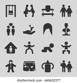 Young icons set. set of 16 young filled icons such as baby, baby bottle, woman hairstyle, man in home, bust, couple, underwear with heart, businessman shaking hands