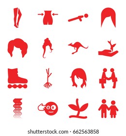 Young icons set. set of 16 young filled icons such as kangaroo, woman hairstyle, curly hair, slim, tights, head bang emot, sprout, push up, businessman shaking hands, plant