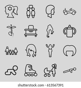 Young icons set. set of 16 young outline icons such as baby bottle, bike, baby walker, woman hairstyle, woman face with flower in hair, sprout, push up, women couple, face