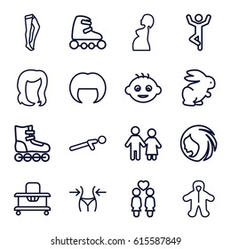 Young icons set. set of 16 young outline icons such as rabbit, baby, baby walker, woman hairstyle, hairstyle, slim, tights, push up, women couple, pregnant woman