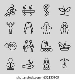 Young icons set. set of 16 young outline icons such as baby basket, baby, woman hairstyle, casino girl, bust, sprout, women couple, businessman shaking hands, dancing woman