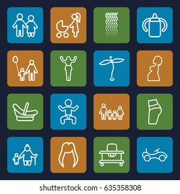 Young icons set. set of 16 young outline icons such as baby, plant, baby bottle, bike, woman hairstyle, curly hair, pregnant woman, couple, family, father and son