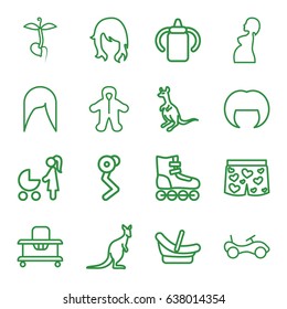 Young icons set. set of 16 young outline icons such as cangaroo, baby bottle, bike, baby walker, woman hairstyle, sprout, underwear with heart, pregnant woman, roller skate