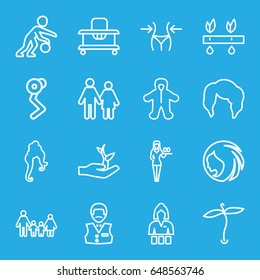 Young icons set. set of 16 young outline icons such as plant, baby walker, baby, woman hairstyle, slim, casino girl, casino boy, plant on hand, basketball player, couple