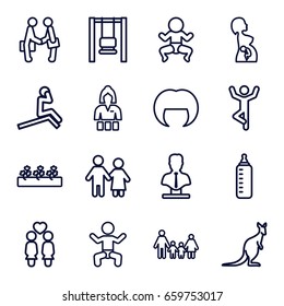 Young Icons Set. Set Of 16 Young Outline Icons Such As Baby, Cangaroo, Baby Bottle, Woman Hairstyle, Casino Girl, Bust, Sprout Plants, Women Couple, Pregnant Woman