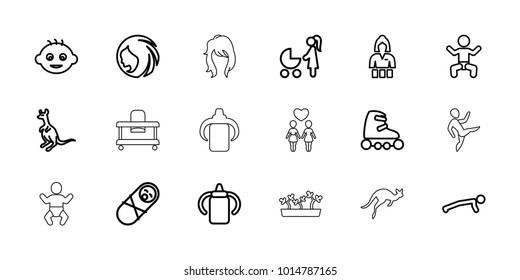 Young icons. set of 18 editable outline young icons: baby, cangaroo, baby bottle, woman hairstyle, casino girl, newborn child, man doing exercises, skate rollers, kangaroo