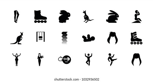 Young icons. set of 18 editable filled young icons: rabbit, kangaroo, baby, woman hairstyle, curly hair, casino girl, tights, head bang emot, roller skate, dancing woman