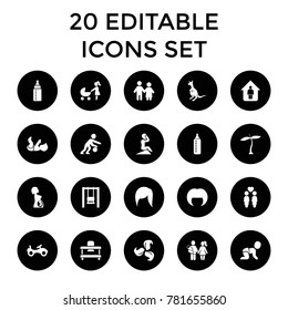 Young icons. set of 20 editable filled young icons such as plant, kangaroo, baby bottle, bike, woman hairstyle, swing, couple. best quality young elements in trendy style.
