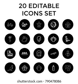 Young icons. set of 20 editable outline young icons such as cangaroo, baby bottle, woman hairstyle, hairstyle, man in home. best quality young elements in trendy style.