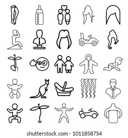 Young icons. set of 25 editable outline young icons such as plant, baby, cangaroo, bike, baby basket, woman hairstyle, tights, bust, head bang emot, couple, sprout, curly hair