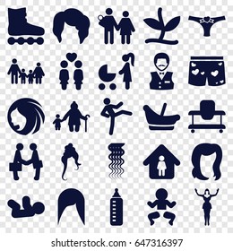 Young icons set. set of 25 young filled icons such as baby bottle, baby walker, woman hairstyle, curly hair, hairstyle, casino boy, man in home, women couple