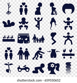 Young icons set. set of 25 young filled icons such as baby, bike, baby crawl, curly hair, woman hairstyle, woman face with flower in hair, slim, sprout plants, sprout