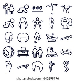 Young icons set. set of 25 young outline icons such as plant, bike, baby walker, baby basket, woman hairstyle, woman face with flower in hair, slim, casino girl, tights