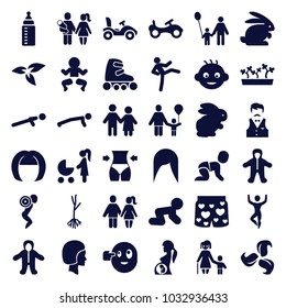 Young icons. set of 36 editable filled young icons such as plant, rabbit, baby, bike, baby crawl, woman hairstyle, couple, father and son, newborn child, man doing exercises