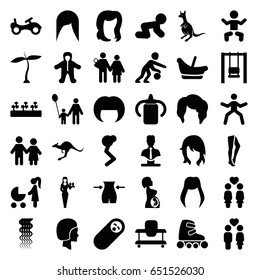 Young icons set. set of 36 young filled icons such as plant, kangaroo, baby, baby bottle, bike, woman hairstyle, curly hair, hairstyle, slim, casino girl, tights, bust