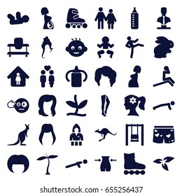 Young icons set. set of 36 young filled icons such as plant, rabbit, kangaroo, baby, baby bottle, baby walker, woman hairstyle, hairstyle, woman face with flower in hair, slim