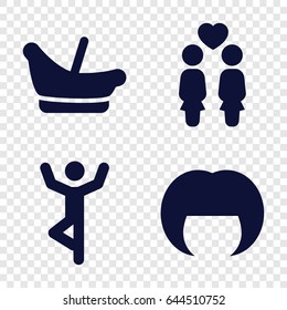 Young icons set. set of 4 young filled icons such as baby basket, woman hairstyle, women couple