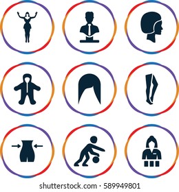young icons set. Set of 9 young filled icons such as baby, woman hairstyle, slim, Casino girl, tights, bust, dancing woman, face