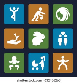 Young icons set. set of 9 young filled icons such as rabbit, woman hairstyle, couple, basketball player, plant on hand, woman with baby carriage, newborn child