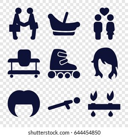 Young icons set. set of 9 young filled icons such as baby walker, baby basket, woman hairstyle, push up, couple, businessman shaking hands, skate rollers