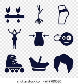Young icons set. set of 9 young filled icons such as baby basket, woman hairstyle, slim, head bang emot, sprout, dancing woman, skate rollers, plant