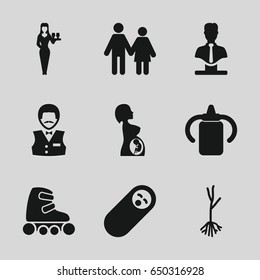 Young icons set. set of 9 young filled icons such as baby bottle, casino boy, casino girl, bust, sprout, pregnant woman, skate rollers, couple