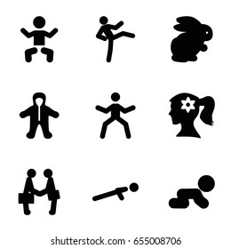 Young icons set. set of 9 young filled icons such as rabbit, baby, woman face with flower in hair, push up, businessman shaking hands, crawling baby