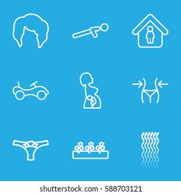 young icons set. Set of 9 young outline icons such as bike, curly hair, woman hairstyle, slim, man in home, sprout plants, push up, panties with heart