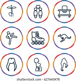 Young icons set. set of 9 young outline icons such as cangaroo, baby walker, woman hairstyle, sprout, women couple, pregnant woman, roller skate
