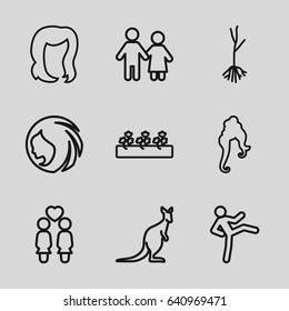 Young icons set. set of 9 young outline icons such as cangaroo, woman hairstyle, hairstyle, sprout plants, sprout, women couple, couple