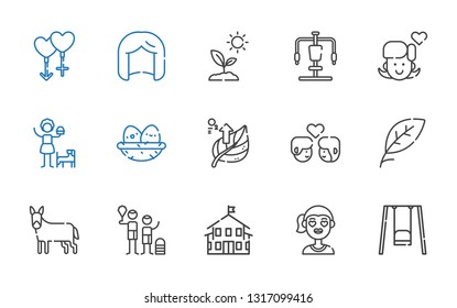 young icons set. Collection of young with swing, girl, kindergarten, family, donkey, leaf, couple, nest, gym station, sprout, wig. Editable and scalable young icons.