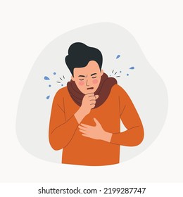 Young ill man cough isolated. Vector flat style cartoon illustration