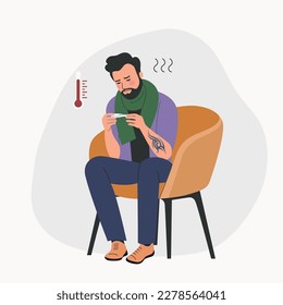 Young ill man with fever with high temperature isolated. Vector flat style cartoon illustration