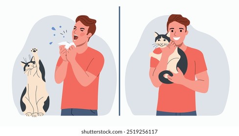 Jovem doente espirra, segura e abraça o gato. Conceito de alergia. Antes ou depois. Ilustração de desenho animado de estilo plano vetorial