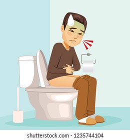 Young ill man with stomach problems sitting on lavatory toilet
