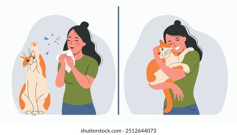 Young ill woman sneezes and holds and hugs the cat. Allergy concept. Before or after. Vector flat style cartoon illustration