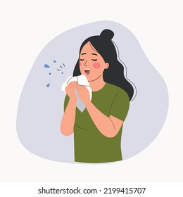 Young ill woman sneezes isolated. Vector flat style cartoon illustration