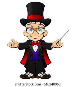 A young illusionist in a hat, a tuxedo and a mantle.