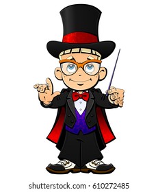 A young illusionist in a hat, a tuxedo and a mantle.