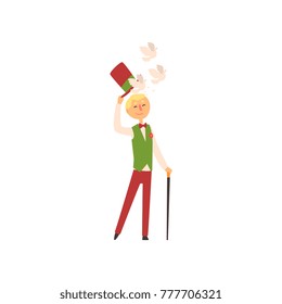 Young illusionist showing trick with doves flying from magic top hat. Magic focus. Cartoon man with stick, dressed in pants, vest, shirt and butterfly. Flat vector design.