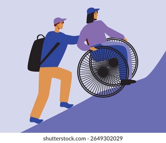 Young inclusive couple as active tourists or rock climbing, flat vector stock illustration as concept of Accessible Travel for people with special needs for sstkTravel