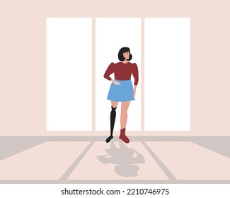 Young inclusive woman with prosthetic leg inside during day, flat vector stock illustration with room with window and shadow