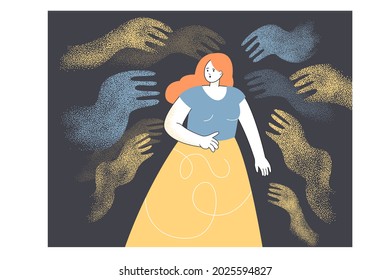 Young indebted woman scared of abstract hands around her. Flat vector illustration. Fearing influence or power and struggling person. Psychology, fear, debt, dependence concept for banner design