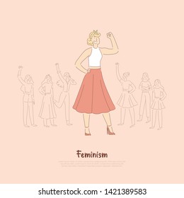 Young independent lady in skirt with raised hand, girl power, gender equality, rights freedom, social protest, feminism banner