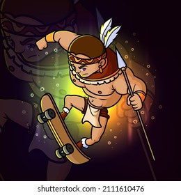 The young indian american man is playing skateboard esport mascot design of illustration